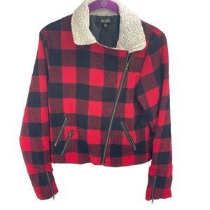Dee Elle Vintage Red Buffalo Plaid Sherpa moto Jacket angle zip Medium